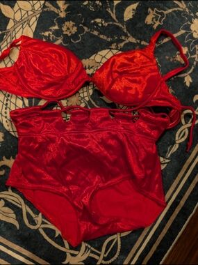 Red Satin & High-Waist Bikini Vtg Mossimo